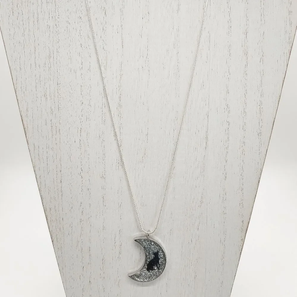 Necklace Silver Moon w/ Glitter & Black Cat